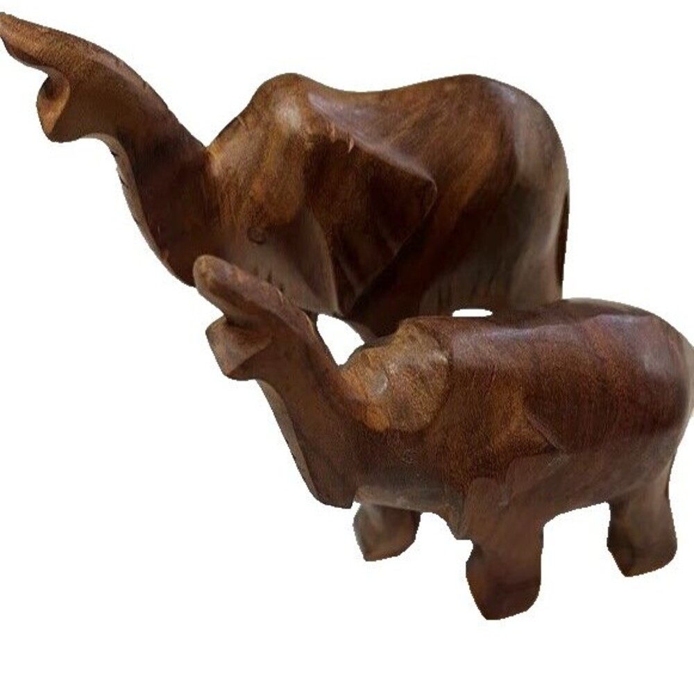 Set of 2 Rustic Charm Tribal Inspired Dark Wood Carved Trunk Up Elephants